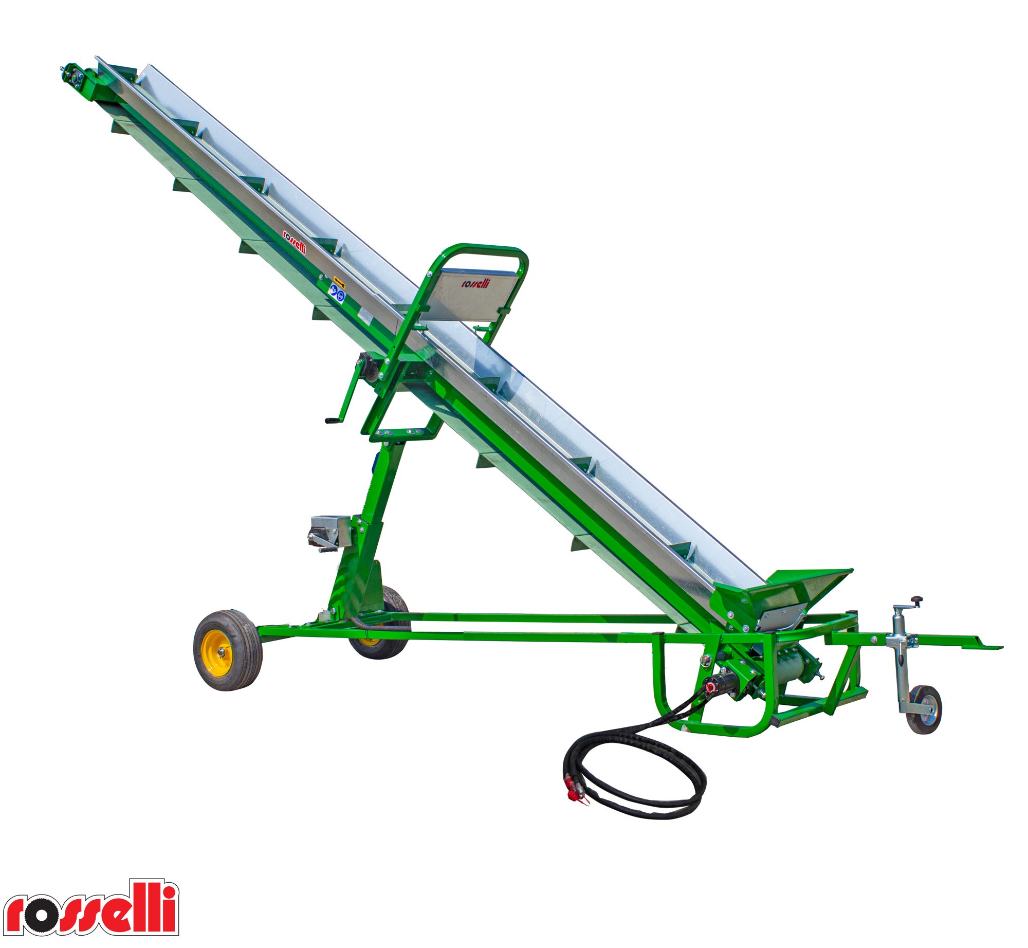 Conveyor belt towable by tractor with hydraulic connection